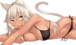  :d animal_ears arms_up bikini black_bikini breasts cat_ears cat_tail cleavage dark_skin fangs grey_hair kimura_(ykimu) long_hair lying medium_breasts navel open_mouth orange_eyes original side-tie_bikini smile solo swimsuit tail 