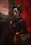  anthro canine cape clothed clothing deadro dress ear_piercing female fox fully_clothed grey_fox jewelry looking_at_viewer mammal piercing solo 