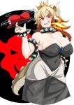  black_collar blonde_hair borrowed_design bowser bowsette bracelet breasts breathing_fire brown_hair cameo cleavage collar commentary covered_navel cropped_legs crown dress evil_grin evil_smile fire forked_eyebrows grin hat hat_removed headwear_removed highres horns jewelry large_breasts mario_(series) motion_lines multicolored_hair new_super_mario_bros._u_deluxe overskirt princess red_hat ryuun_(stiil) sharp_teeth sideboob silver_trim single_letter smile solo spiked_armlet spiked_bracelet spiked_collar spiked_shell spiked_tail spikes spinning super_crown tail teeth thick_eyebrows two-tone_hair 