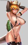  &gt;:) armpits arms_behind_head badcompzero bangs between_breasts black_legwear blonde_hair blue_eyes blush bowsette breasts collar commentary_request criss-cross_halter crown eyebrows_visible_through_hair gem halterneck highres horns large_breasts looking_at_viewer mario_(series) navel new_super_mario_bros._u_deluxe parted_lips revealing_clothes sharp_teeth slingshot_swimsuit smile solo spiked_collar spikes super_crown swimsuit tail teeth thighhighs turtle_shell 