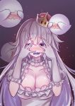  blush boo breasts cleavage covering_eyes crown dress elbow_gloves eyebrows_visible_through_hair fangs gloves highres large_breasts long_hair looking_at_viewer luigi's_mansion mario_(series) new_super_mario_bros._u_deluxe open_mouth pale_skin princess_king_boo purple_eyes scarlet_dango solo super_crown upper_body white_dress white_gloves white_hair 