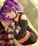  bike_shorts blush collarbone couch detached_sleeves eyebrows_visible_through_hair highres hooded_vest idolmaster idolmaster_shiny_colors kapa_(kappa_yousai) leg_hug long_sleeves looking_at_viewer lying nail_polish on_side open_mouth purple_eyes purple_hair purple_nails shoes_removed sleeves_past_wrists solo striped striped_legwear studded_choker tanaka_mamimi thighhighs twintails 