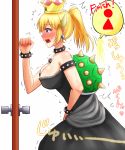  1girl apotei armlet bangs bare_shoulders between_legs black_dress blonde_hair blue_eyes blush bowsette bracelet breasts cleavage clenched_hand collar collarbone crown door doorknob dress earrings embarrassed english_text eyebrows_visible_through_hair female from_side hand_between_legs hand_up have_to_pee horns japanese_text jewelry large_breasts mario_(series) new_super_mario_bros._u_deluxe nintendo nose_blush open_mouth peeing peeing_self ponytail profile sharp_teeth shiny shiny_hair simple_background solo speech_bubble spiked_bracelet spiked_collar spikes standing strapless strapless_dress super_crown sweat tears teeth tied_hair translation_request trembling urine_meter white_background 