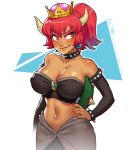  absurdres alternate_color bare_shoulders black_skirt bowsette bracelet breasts brooch bustier cleavage collar collarbone commentary crown dark_skin detached_sleeves english_commentary fang hand_on_hip highres horns jewelry large_breasts lips mario_(series) mathias_leth midriff mole navel new_super_mario_bros._u_deluxe pointy_ears ponytail red_eyes red_hair skirt smirk solo spiked_bracelet spiked_collar spikes super_crown thick_eyebrows toned turtle_shell watermark web_address 