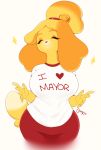  2018 animal_crossing anthro bell blonde_hair canine cherrikissu clothed clothing digital_media_(artwork) dog english_text eyes_closed female hair isabelle_(animal_crossing) mammal nintendo shih_tzu signature smile solo text video_games 