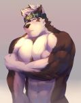  2018 abs anthro bozi canine fur headband horkeukamui male mammal multicolored_fur muscular muscular_male nipples pecs solo tokyo_afterschool_summoners white_fur wolf 
