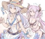  2girls bare_arms bare_shoulders beige_hat blue_eyes breasts brown_eyes brown_horns cleavage closed_mouth commentary_request eye_contact flying_sweatdrops furrowed_eyebrows granblue_fantasy hair_between_eyes hair_over_one_eye hand_up hat heles horns large_breasts lavender_hair leaning_forward long_hair looking_at_another looking_back medium_breasts multiple_girls narmaya_(granblue_fantasy) silver_hair simple_background sketch smile toromera white_background 