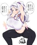  armpits arms_behind_head artist_name bangs bouncing_breasts breasts huge_breasts idolmaster idolmaster_(classic) jabara_tornado long_hair midriff navel open_mouth pants purple_eyes purple_scrunchie scrunchie shijou_takane signature silver_hair simple_background solo sports_bra squatting sweatpants thighs thought_bubble translation_request visor_cap wavy_hair white_background 
