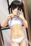  bangs black_hair black_legwear blush bow bow_bra bow_panties bra cellphone collared_shirt commentary_request dutch_angle eyebrows_visible_through_hair highres holding holding_cellphone holding_phone lifted_by_self matsunaga_kouyou mirror navel no_pants nose_blush original panties parted_lips phone reflection self_shot shirt shirt_lift short_hair short_twintails sidelocks solo taking_picture training_bra twintails underwear white_bra white_panties white_shirt 