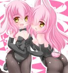  :d :o animal_ears ass bangs bare_shoulders black_gloves black_leotard black_neckwear blush bow bowtie breasts brown_legwear bunny_ears bunny_girl bunny_tail bunnysuit commentary_request detached_collar elbow_gloves eyebrows_visible_through_hair gloves hair_between_eyes hair_over_one_eye highres holding_hands interlocked_fingers kanijiru leaning_forward leotard long_hair medium_breasts multiple_girls open_mouth original pantyhose pink_hair small_breasts smile strapless strapless_leotard tail twitter_username very_long_hair white_collar yellow_eyes 