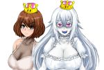  :d artist_request blue_tongue breasts brown_hair cleavage crown dress eyebrows_visible_through_hair frown goomba grey_eyes kinkin18 large_breasts long_hair looking_at_viewer luigi's_mansion mario_(series) multiple_girls new_super_mario_bros._u_deluxe open_mouth pale_skin princess_king_boo puffy_short_sleeves puffy_sleeves purple_eyes see-through sharp_teeth short_sleeves sketch smile super_crown teeth thick_eyebrows upper_body white_background white_dress white_hair 