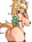  ass bikini black_bikini black_legwear black_lipstick blonde_hair blue_eyes bowsette bracelet breasts collar crown eyebrows_visible_through_hair fang fang_out highres horns jewelry large_breasts lipstick long_hair looking_back makeup maniacpaint mario_(series) micro_bikini new_super_mario_bros._u_deluxe ponytail seductive_smile smile solo spiked_bracelet spiked_collar spikes super_crown swimsuit tail thighhighs thighs turtle_shell 