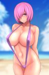  arms_behind_back beach breasts collarbone commentary_request covered_nipples cowboy_shot day fate/grand_order fate_(series) hair_over_one_eye highres huge_breasts lavender_hair looking_at_viewer mash_kyrielight navel outdoors purple_eyes short_hair sky slingshot_swimsuit solo swimsuit yashichii 