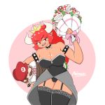  2018 animal_humanoid armband big_breasts bound bowsette_meme breasts choker cleavage clothed clothing digital_media_(artwork) duo fangs female female_focus flora_fauna garter_straps hair hi_res holding_character horn humanoid koopa legwear leotard looking_aside male mario mario_bros minoss navel nintendo piranha_plant plant pose red_eyes red_hair scalie shell simple_background slit_pupils suit super_crown thigh_gap thigh_highs video_games white_background 