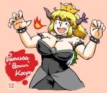  artist_name azuki_osamitsu blonde_hair blue_eyes bow bowsette bracelet breasts cleavage collar commentary_request crown dress earrings english grin hands_up heart horn_bow horns jewelry large_breasts long_hair mario_(series) mini_crown new_super_mario_bros._u_deluxe open_mouth pink_background sharp_teeth smile solo spiked_armlet spiked_bracelet spiked_collar spikes strapless strapless_dress super_crown teeth turtle_shell 