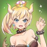  :d bare_shoulders black_dress blonde_hair blue_brooch blue_earrings blue_eyes bowsette bracelet breasts claw_pose cleavage collar collarbone crown dress fangs fingernails glint gradient gradient_background green_background hair_between_eyes horns jewelry large_breasts long_fingernails looking_at_viewer mario_(series) mini_crown new_super_mario_bros._u_deluxe nyanafk open_mouth ponytail smile sparkle spiked_armlet spiked_bracelet spiked_collar spiked_tail spikes strapless strapless_dress super_crown tail upper_body v-shaped_eyebrows 