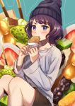  :t bad_id bad_pixiv_id bangs beanie black_hat black_shorts blue_background blush closed_mouth collarbone commentary_request dotted_line eating eyebrows_visible_through_hair fate/grand_order fate_(series) food fruit hat highres holding holding_food ice_cream in_food katsushika_hokusai_(fate/grand_order) kurono_kito looking_at_viewer minigirl partial_commentary pocky purple_eyes purple_hair shirt short_shorts shorts simple_background sitting solo strawberry taiyaki wagashi white_shirt 