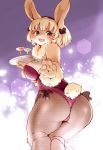  4_fingers arm_tuft blonde_hair blue_eyes blush breasts brown_fur bunny_costume bustier butt butt_focus butt_pose chest_tuft clothing costume female fur furgonomics hair holding_object lagomorph legwear long_ears looking_at_viewer looking_back mammal open_mouth portrait rabbit rear_view ribbons setouchi_kurage short_hair solo stockings three-quarter_portrait tray tuft waiter 
