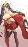  ahoge azur_lane bare_shoulders black_hair breasts choker cleavage cocktail_dress collarbone commentary_request dress hair_between_eyes hair_ornament highres huge_breasts japanese_clothes large_breasts long_hair obi pnt_(ddnu4555) red_choker red_dress red_eyes sash solo taihou_(azur_lane) very_long_hair wide_sleeves 