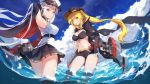  :q adjusting_hair arm_behind_head armpits ass azur_lane bangs bare_shoulders bikini_top black_gloves black_neckwear blonde_hair blue_sky blush breasts cape cleavage closed_mouth commentary cowboy_hat day enterprise_(azur_lane) eyebrows_visible_through_hair finger_to_mouth fingerless_gloves gloves gold_trim green_eyes hat highres hornet_(azur_lane) large_breasts long_hair looking_at_viewer machinery miniskirt multiple_girls natsumoka navel necktie ocean outdoors peaked_cap purple_eyes rigging shirt shorts silver_hair skirt sky sleeveless sleeveless_shirt smile splashing stomach sunlight thighhighs tongue tongue_out twintails very_long_hair wading water_drop white_shirt 