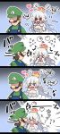  &gt;_&lt; 1boy 1girl 4koma :d anepote10 blue_overalls blush boo chibi comic commentary_request covering_face crown dress earrings facial_hair flying_sweatdrops gloves green_hat green_shirt hair_between_eyes hat heart jewelry long_hair looking_at_another looking_back luigi luigi's_mansion mario_(series) motion_lines mustache new_super_mario_bros._u_deluxe nose_blush open_mouth outline overalls pink_eyes princess_king_boo shaded_face sharp_teeth shirt smile super_crown teeth tongue tongue_out translation_request white_dress white_gloves white_hair white_outline 