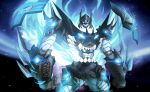  batman batman_(series) blue_eyes crossover glowing glowing_eyes insignia mecha no_humans robot shamserg shoulder_armor space spiral_power super_robot tengen_toppa_gurren-lagann_(mecha) tengen_toppa_gurren_lagann visor 