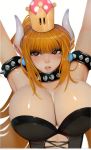  1girl arms_up blonde_hair blush bowsette bracelet breasts brown_eyes cleavage collar crown eyelashes horns huge_breasts jewelry long_hair mario_(series) nintendo no_bra parted_lips pointy_ears randy_(awesomevillage) shiny shiny_skin simple_background solo spiked_bracelet spiked_collar spikes strapless super_crown upper_body white_background 