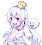  absurdres artist_name blush boo breasts cleavage commentary crown dress earrings elbow_gloves ghost_pose gloves hands_up heart highres jewelry kumaartsu long_hair looking_at_viewer luigi's_mansion mario_(series) new_super_mario_bros._u_deluxe princess_king_boo puffy_short_sleeves puffy_sleeves sharp_teeth short_sleeves super_crown teeth tongue tongue_out upper_body watermark white_background white_dress 