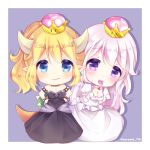  :d bangs black_dress blonde_hair blue_eyes blush bowsette bracelet breasts caramel_(caramelmilk) chibi cleavage closed_mouth collar commentary_request crown dress elbow_gloves eyebrows_visible_through_hair fang fang_out ghost_pose gloves hair_between_eyes hands_on_hips hands_up high_ponytail horns jewelry large_breasts long_hair luigi's_mansion mario_(series) mini_crown multiple_girls new_super_mario_bros._u_deluxe open_mouth pointy_ears ponytail princess_king_boo puffy_short_sleeves puffy_sleeves purple_background purple_eyes sharp_teeth short_sleeves silver_hair smile spiked_bracelet spiked_collar spiked_shell spikes strapless strapless_dress super_crown tail teeth tongue tongue_out turtle_shell twitter_username two-tone_background very_long_hair white_background white_dress white_gloves 