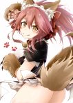  absurdres animal_ear_fluff animal_ears apron ass bad_id bad_pixiv_id bell bell_collar blush breasts cat_hair_ornament cat_paws collar fangs fate/grand_order fate_(series) fox_ears fox_tail gloves hair_ornament highres jingle_bell large_breasts looking_at_viewer looking_back maid_headdress paw_gloves paws pink_hair simple_background solo tail tamamo_(fate)_(all) tamamo_cat_(fate) tongue watanai72 white_background yellow_eyes 