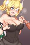  1boy 1girl @_@ akaki_tsubasa blush bowsette breasts censored cleavage crown dress erection horns large_breasts mario_(series) new_super_mario_bros._u_deluxe nintendo open_mouth penis_awe pointy_ears sharp_teeth smile super_mario_bros. sweat teeth 