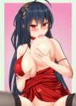 ahoge azur_lane bare_shoulders black_hair blush breast_sucking breasts choker cleavage cocktail_dress commentary_request dress eyebrows_visible_through_hair hair_between_eyes hair_ornament huge_breasts large_breasts long_hair looking_at_viewer nipples red_choker red_dress red_eyes self_breast_sucking solo taihou_(azur_lane) tomohiro_(duo) very_long_hair 