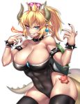  armlet bangs bare_shoulders black_collar black_legwear black_leotard black_nails blonde_hair blue_eyes bowsette bracelet breasts breathing_fire cleavage collar collarbone commentary covered_navel crown earrings eyebrows_visible_through_hair fang fingernails fire gem grin hair_between_eyes hands_up highleg highleg_leotard highres horns jewelry large_breasts leotard long_hair looking_at_viewer mario_(series) nail_polish nasaniliu new_super_mario_bros._u_deluxe pointy_ears ponytail sharp_fingernails shell shiny shiny_hair sidelocks simple_background smile solo spiked_bracelet spiked_collar spikes standing strapless strapless_leotard super_crown tail tattoo thighhighs tsurime v-shaped_eyebrows white_background 