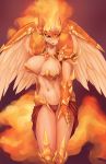  2018 absurd_res anthro anthrofied armor audrarius breasts clothed clothing collar crown daybreaker_(mlp) equine feathered_wings feathers female fire friendship_is_magic hi_res horn looking_at_viewer mammal my_little_pony navel simple_background smile solo winged_unicorn wings yellow_eyes 