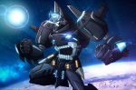  batman batman_(series) blue_eyes crossover dc_comics earth glowing glowing_eyes insignia mecha no_humans planet robot shamserg shoulder_armor space sun super_robot tengen_toppa_gurren_lagann 