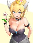  :d bare_shoulders blonde_hair blue_eyes borrowed_character bowsette breasts cleavage collarbone covered_navel crown dress earrings half-closed_eyes hand_on_hip highres horns jewelry large_breasts leaning_forward looking_at_viewer mario_(series) new_super_mario_bros._u_deluxe nnoelllll open_mouth piranha_plant pointy_ears sharp_teeth smile solo strapless strapless_dress super_crown teeth thick_eyebrows 