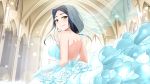  artist_request bare_shoulders birthday black_hair blue_dress blush breasts bride candle closed_mouth commentary dress from_side fuma_lily game_cg gloves green_eyes happy_birthday highres indoors large_breasts looking_at_viewer looking_back moe!_ninja_girls official_art resized self_upload smile solo strapless strapless_dress third-party_edit upscaled wedding wedding_dress window 