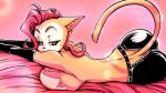  2018 anthro bedding big_breasts breasts butt cat clothed clothing feline female gloves hair hecchidechu looking_at_viewer lying mammal monique_pussycat pink_hair short_hair solo super_fuck_friends topless wide_hips 