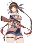  antenna_hair battle_rifle brown_eyes brown_hair commentary cowboy_shot girls_frontline gun hair_ribbon highres hinako_(anzu15) long_hair long_sleeves looking_at_viewer m14 m14_(girls_frontline) navel pleated_skirt ribbon rifle sailor_collar simple_background skindentation skirt solo thighhighs twintails very_long_hair weapon white_background white_legwear zettai_ryouiki 