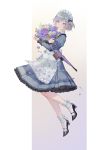 ankle_wrap apron black_bow black_footwear blue_dress blue_flower blue_neckwear blue_ribbon blush bouquet bow closed_eyes commentary dress eyebrows_visible_through_hair floral_print flower frilled_dress frills frown full_body girls_frontline gradient gradient_background grey_hair gun hair_bow handgun high_heels holding holding_bouquet juliet_sleeves long_sleeves maid maid_apron maid_headdress neck_ribbon object_namesake outside_border petals puffy_sleeves purple_flower ribbon rj_(lingshih10) rose shiny shiny_hair short_hair socks solo sweat thompson/center_contender thompson/center_contender_(girls_frontline) two_side_up weapon white_flower white_legwear white_rose 