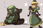  1girl :o ? armor armored_dress black_gloves blonde_hair brown_footwear cannon elbow_gloves gloves goggles ground_vehicle jsketch12 looking_at_viewer mario_(series) military military_vehicle motor_vehicle multiple_views new_super_mario_bros._u_deluxe personification pouch sherm_(mario) shoulder_armor spiked_belt standing super_crown super_mario_odyssey tank transformation 