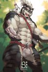  2018 5_fingers abs anthro balls biceps black_fur bogexboog bulge chest_tuft claws clothed clothing countershade_arms countershade_face countershade_legs countershade_torso countershading ear_piercing ear_tuft eye_scar facial_scar fangs feline foreshortening fur glans grey_fur hair hi_res looking_at_viewer looking_down male mammal muscular muscular_male nipple_piercing nipples open_mouth pawpads penis piercing pink_nipples pink_pawpads pink_tongue pubes reaching_towards_viewer scar signature solo standing striped_fur stripes tiger tongue topless translucent tuft underwear white_countershading white_fur white_hair yellow_eyes 