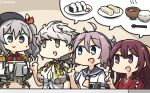  aoba_(kantai_collection) apron blue_eyes breasts brown_eyes chopsticks cleavage commentary dated epaulettes food gloves hamu_koutarou hat highres japanese_clothes kamikaze_(kantai_collection) kantai_collection kashima_(kantai_collection) kimono large_breasts long_hair meiji_schoolgirl_uniform miso_soup multiple_girls neckerchief notepad onigiri open_mouth pencil pink_hair ponytail purple_eyes ribbon rice sandwich school_uniform serafuku shared_speech_bubble silver_hair smile speech_bubble sweat twintails unryuu_(kantai_collection) white_gloves writing yellow_eyes yellow_neckwear 
