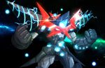  batman batman_(series) blue_eyes chouginga_gurren-lagann crossover dc_comics drill glowing glowing_eyes highres insignia mecha no_humans robot shamserg shoulder_armor space super_robot tengen_toppa_gurren_lagann visor 