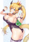  1girl ass back bare_shoulders black_leotard blonde_hair blue_eyes borrowed_character bowsette bracelet breasts cleavage collar collarbone crown curvy earrings eyebrows_visible_through_hair grin hips horns jewelry large_breasts legs leotard looking_at_viewer looking_back mario_(series) new_super_mario_bros._u_deluxe nintendo pointy_ears ponytail sharp_teeth smile solo spiked_anklet spiked_armlet spiked_bracelet spiked_collar spiked_shell spiked_tail spikes super_crown teeth thick_thighs thighs wide_hips 