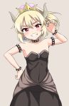  arm_up bangs bare_shoulders black_dress blush bowsette bracelet breasts brown_background claw_pose collar collarbone commentary_request covered_navel crown dress eyebrows_visible_through_hair fingernails flo grin hair_between_eyes hand_on_hip high_ponytail horns jewelry leaning_to_the_side mario_(series) mini_crown new_super_mario_bros._u_deluxe partial_commentary ponytail red_eyes simple_background small_breasts smile solo spiked_bracelet spiked_collar spikes strapless strapless_dress super_crown younger 