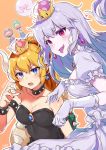  2girls absurdres artist_name bare_shoulders blonde_hair blue_eyes blush boo bowsette bracelet breasts claw_pose cleavage collar collarbone commentary crown dress earrings eyebrows_visible_through_hair facial_hair ghost_pose gloves green_hat hat heart highres horns jewelry long_hair looking_at_viewer luigi luigi's_mansion mario mario_(series) medium_breasts multiple_boys multiple_girls mustache new_super_mario_bros._u_deluxe open_mouth orange_background pale_skin pointy_ears ponytail princess_king_boo purple_tongue red_eyes red_hat short_hair silver_hair simple_background spiked_armlet spiked_bracelet spiked_collar spikes super_crown super_mario_bros. tail tongue tongue_out tsukino_(nakajimaseiki) white_dress white_gloves 