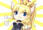  :3 bangs black_dress blonde_hair blue_eyes blush_stickers bowsette bracelet breasts closed_mouth collar crown dress earrings eyebrows_visible_through_hair fang fang_out hair_between_eyes horns jewelry long_hair mario_(series) medium_breasts mini_crown new_super_mario_bros._u_deluxe pointy_ears solo spiked_bracelet spiked_collar spiked_tail spikes strapless strapless_dress sunburst super_crown synn032 tail turtle_shell 