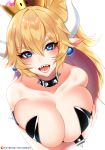  arms_under_breasts artist_name bangs bare_shoulders blonde_hair blue_eyes blush bowsette bracelet breast_hold breasts cleavage collar collarbone commentary crown earrings eyebrows_visible_through_hair forked_eyebrows hair_between_eyes horns jewelry large_breasts lips long_ponytail looking_at_viewer mario_(series) new_super_mario_bros._u_deluxe open_mouth patreon_logo pointy_ears sharp_teeth sidelocks simple_background slit_pupils smile solo spiked_armlet spiked_bracelet spiked_collar spikes super_crown teeth thick_eyebrows tofuubear upper_body white_background 