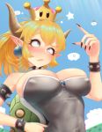  black_nails blonde_hair blue_sky blush bowsette breasts bursting_breasts carla_(gfgfh80418) cleavage cloud commentary_request covered_nipples crown day earrings eyebrows_visible_through_hair fang fingernails hand_on_hip highres jewelry large_breasts looking_up mario_(series) nail_polish new_super_mario_bros._u_deluxe pointy_ears ponytail rolling_eyes sharp_fingernails sky smile solo super_crown sweatdrop upper_body 